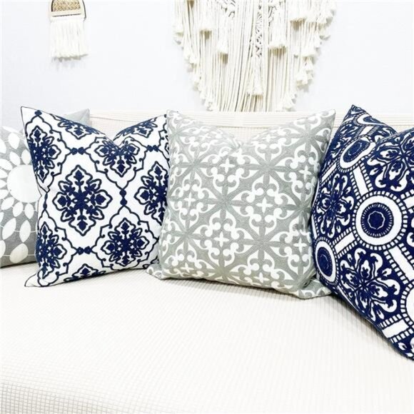 SLOW COW Embroidery Decorative Throw Pillow Cover Grey Kaleidoscope Design - Picture 5 of 8